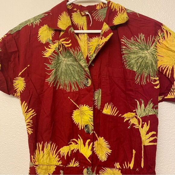 Free People Malibu tropical Island Romper jumpsuit Red cotton button front S - Picture 12 of 14
